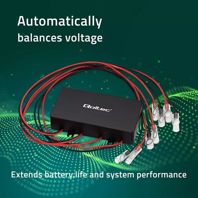 Jännitteentasaaja QOLTEC 51098 48V-järjestelmiin — 4×12V akkutasaaja