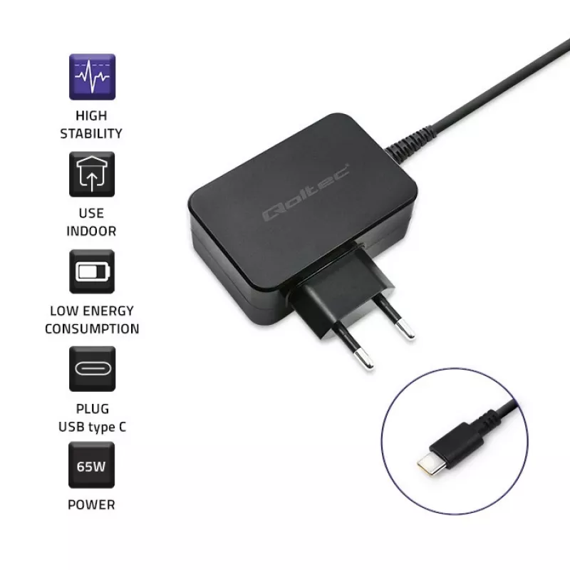 QOLTEC 51024 matkalaturi – yleislaturi AC-sisäkäyttöön, 65 W PD, 20 V/3,25 A, 1,2 m kaapeli, musta
