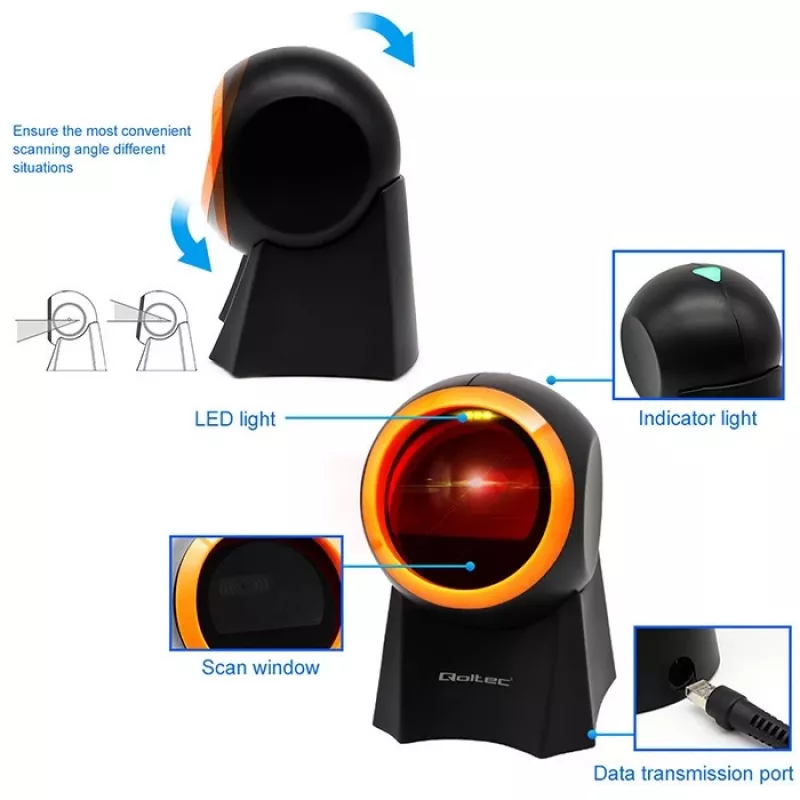 Qoltec 50857 langallinen pöytäviivakoodinlukija, 1D/2D, QR, USB, 1,75 m johto