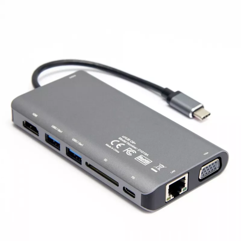 UNITEK uHUB O8+ johdollinen USB 3.2 Gen 1 Type-C -keskitin, harmaa, 100W Power Delivery