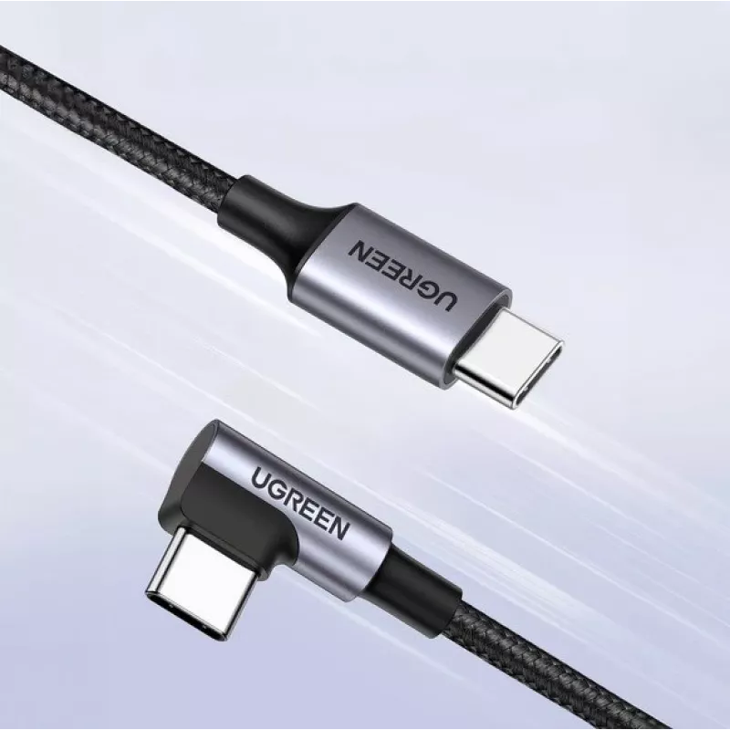 Ugreen USB-C (suora) / USB-C (kulma) PD QC 60W 3A 0,5 m US255 (harmaa)