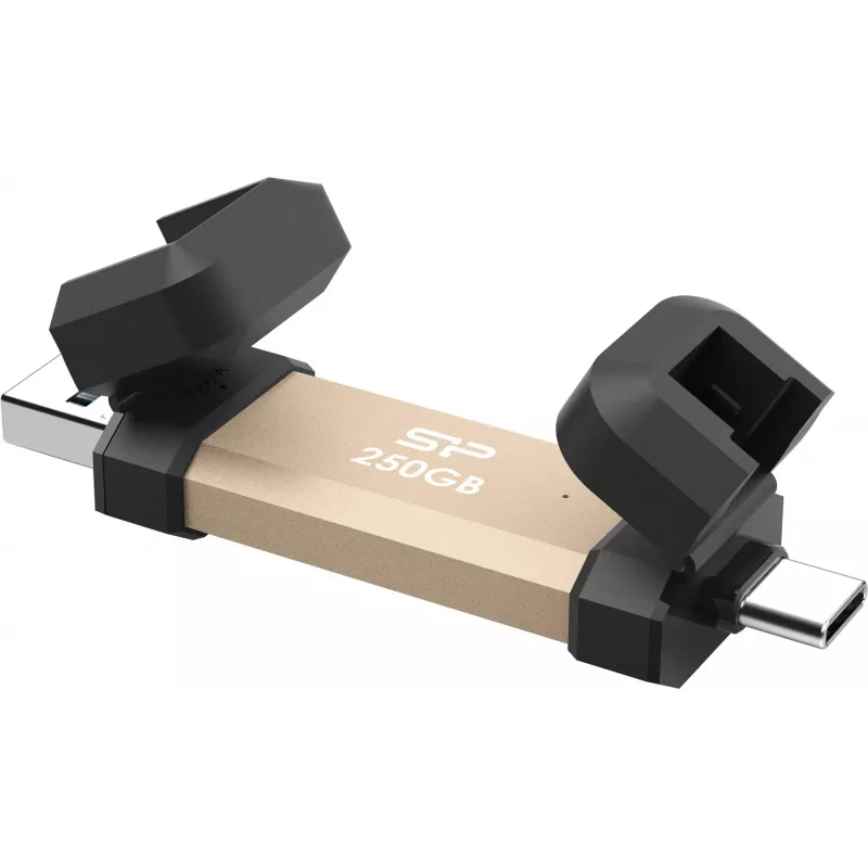 Silicon Power DS72 250 Gt kannettava SSD-tikku, USB 3.2 Gen 2, USB-A/USB-C, kulta