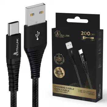 USB Type-A - USB-C -kaapeli Extralink Smart Life punottu 2 m — 15 W (5 V 3 A) musta