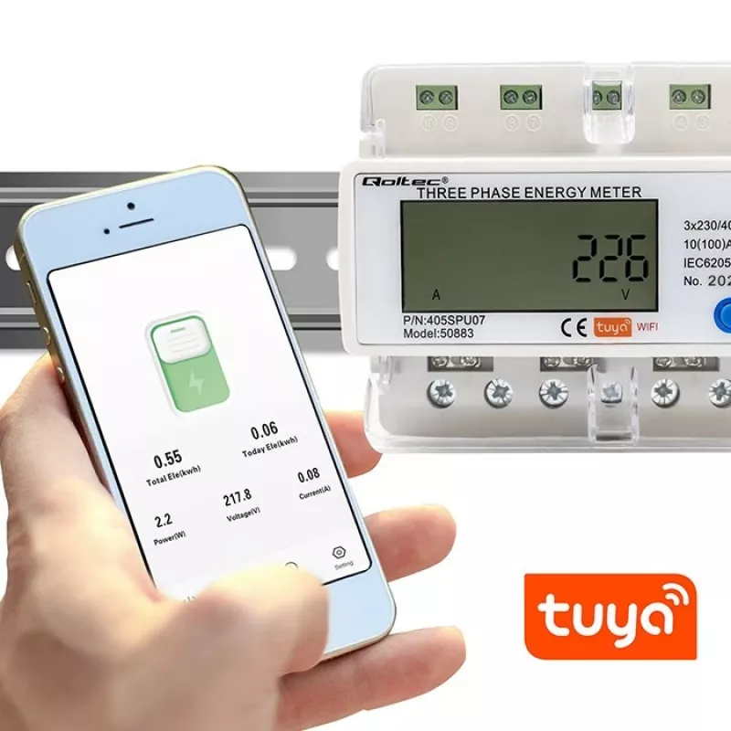 Kolmivaiheinen energiamittari QOLTEC 50883 Wi‑Fi 400V LCD-näytöllä
