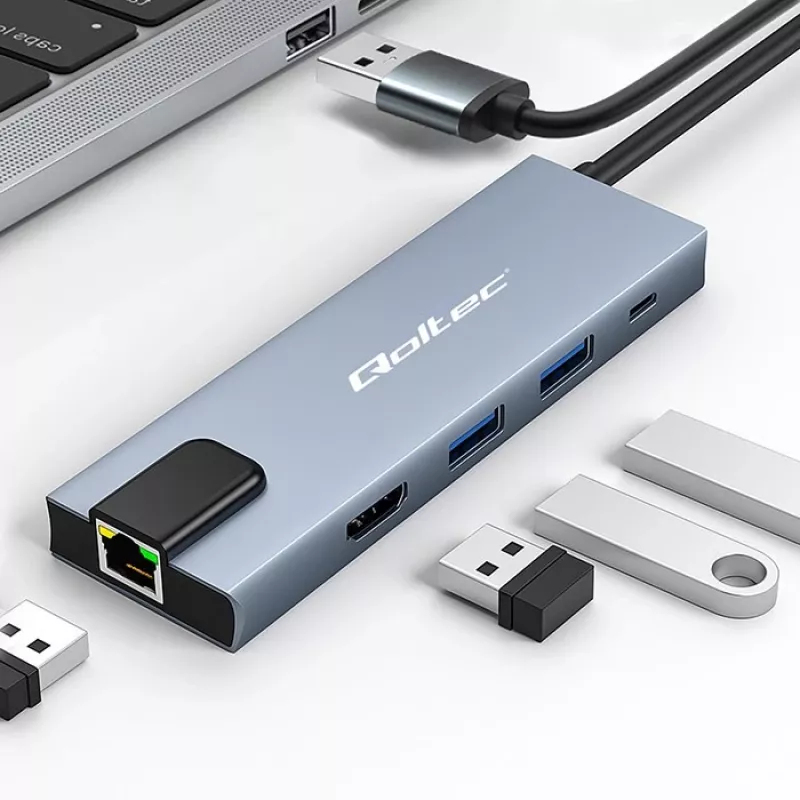 USB-C-keskitin QOLTEC 53795 5-in-1 100W PD:llä, 2×USB-A, HDMI 4K, RJ45
