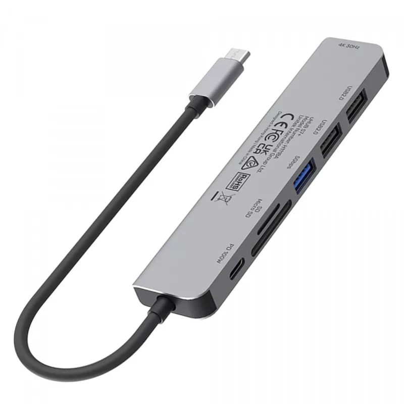 USB-C-keskitin Unitek 7in1 alumiini PD 100W 5 Gbps — moniporttinen sovitin Power Delivery -tuella