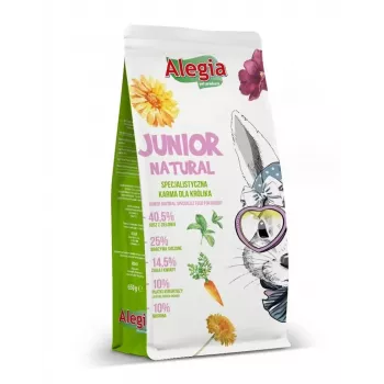 Pelletöity kaninruoka Alegia Junior Natural 650 g — täysrehu nuorille kaneille, viljaton, gluteeniton, soijaton