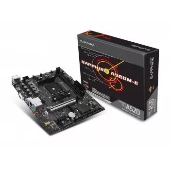 Micro-ATX-emolevy Sapphire A520M-E AM4-kantaan, AMD A520-piirisarja, 2x DDR4 DIMM, max. 64 GB, PCIe 3.0 x16/x1, SATA III, Gigabit LAN