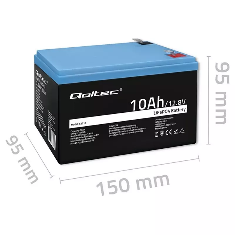 Akkupaketti LiFePO4 QOLTEC 10Ah 12,8V 128Wh integroidulla BMS:llä