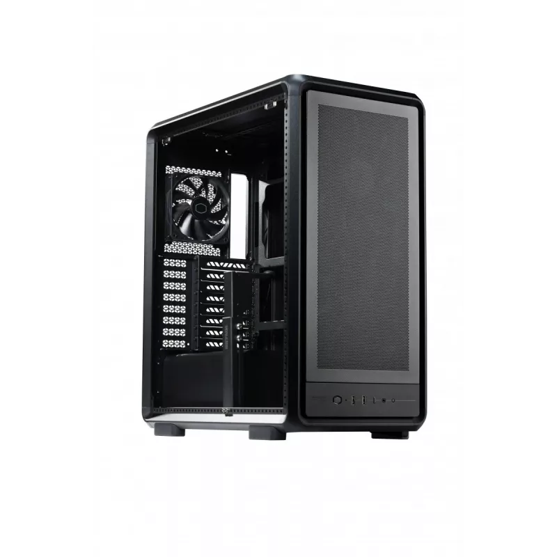 PC Midi Tower Cooler Master MasterFrame 500 Mesh — musta läpinäkyvällä sivulla, tukee ATX/EATX, 2x200 mm edessä, 1x120 mm takana