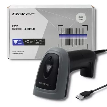 Käsikäyttöinen viivakoodinlukija QOLTEC 50863 — 1D/2D-skanneri, USB johdollinen, LED-anturi, musta, 5V, 1,8 m kaapeli