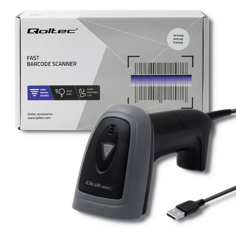 Käsikäyttöinen viivakoodinlukija QOLTEC 50863 — 1D/2D-skanneri, USB johdollinen, LED-anturi, musta, 5V, 1,8 m kaapeli