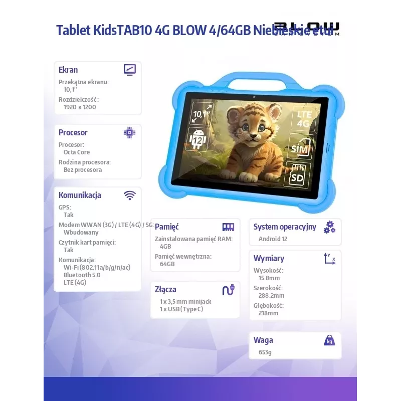 BLOW KidsTAB10 4G tabletti, 10,1 tuuman FHD 1920x1200, 8-ytiminen T606 1,6 GHz, 4 Gt RAM, 64 Gt, Android 12, LTE, GPS, kotelolla, sininen