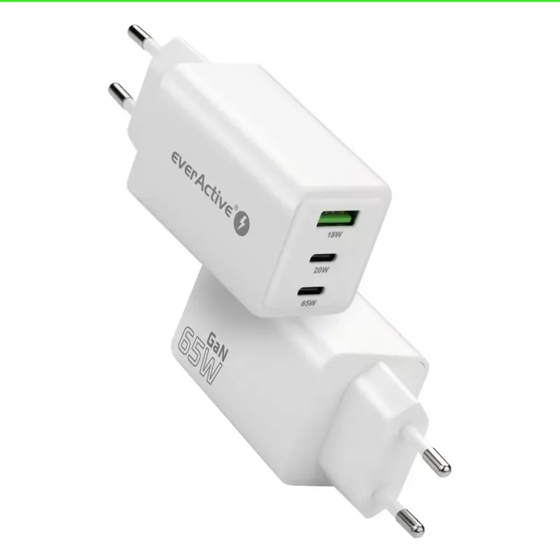 everActive SQ-655Q 65W -pikalaturi, 1×USB-A + 2×USB-C