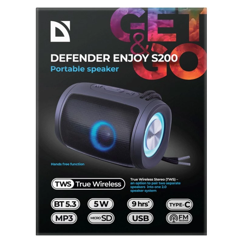 DEFENDER Enjoy S200 65200 kannettava Bluetooth-kaiutin, TWS, 5 W, LED-valo, FM, microSD, 10 h akku, musta