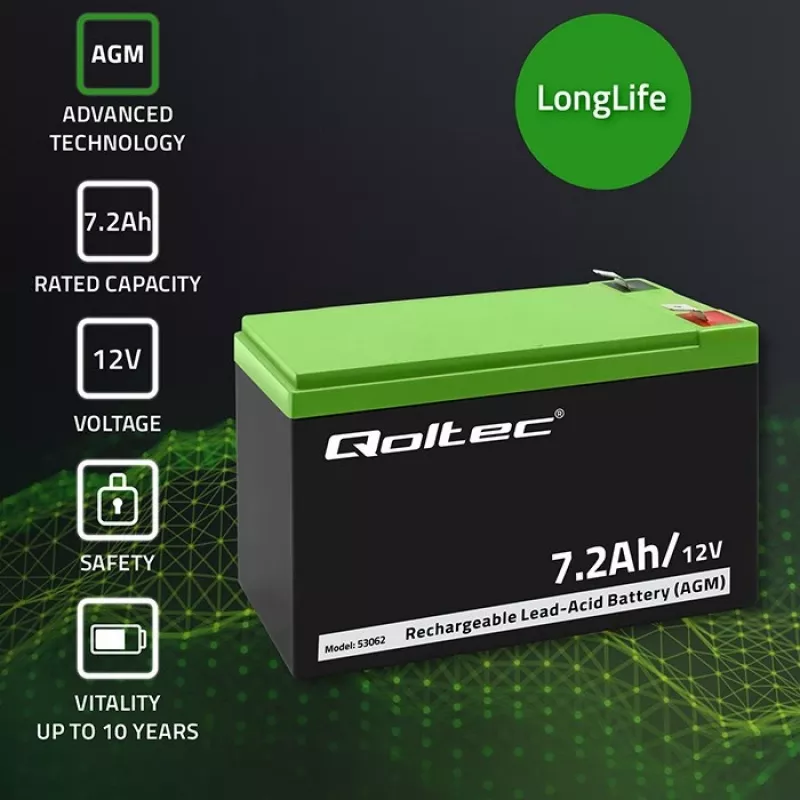 Qoltec 53062 AGM-akku | 12V | 7,2 Ah | max 108A