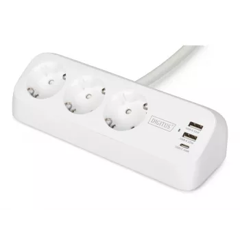 Jatkojohto DIGITUS 3-pistorasia, 2×USB-A ja 1×USB-C, 3 AC-pistorasiaa tyyppi E/F, 1,5 m kaapeli, valkoinen