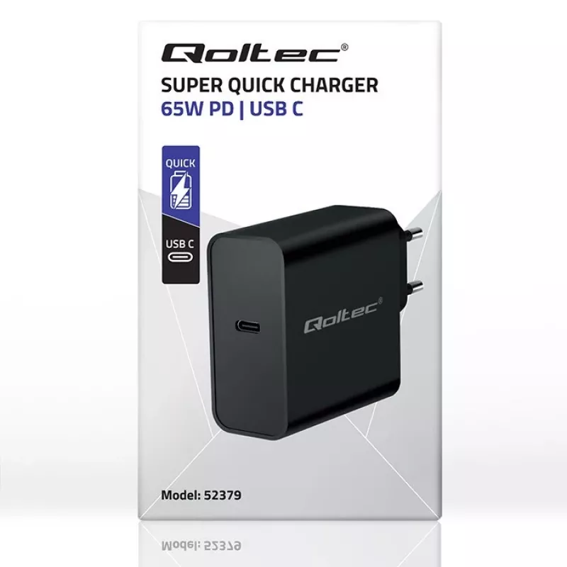 Laturi QOLTEC Super Quick PD 65W USB-C Power Delivery 5–20V, 1x USB-C, USB PD 3.0, Type-C-liitin, 65 W