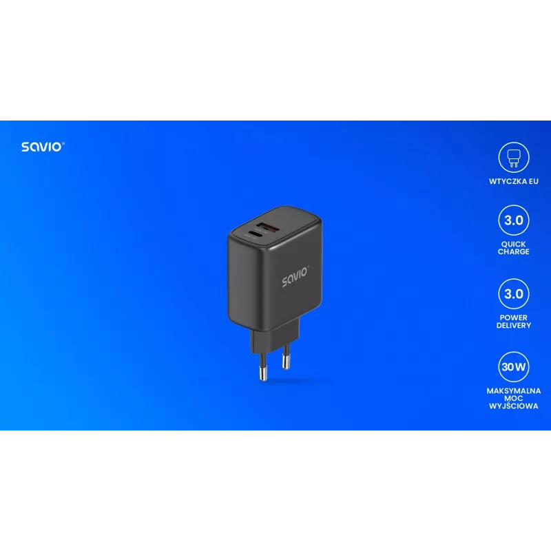 SAVIO LA-06/B 30 W seinälaturi, USB-A + USB-C, Quick Charge, Power Delivery 3.0, musta