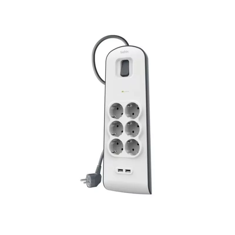Pistorasialista Belkin BSV604VF2M-V2 — 6 pistorasiaa, 2× USB-A, 2 m johto