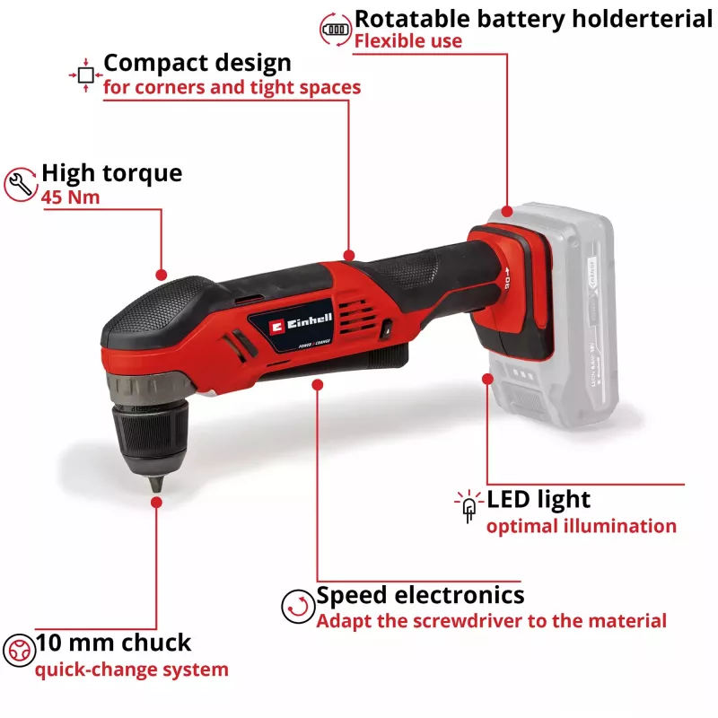 Einhell TE-AD 18 Li Solo akkukulmaporakone, Power X-Change, 18 V, 45 Nm, ilman akkua ja laturia, punainen/musta