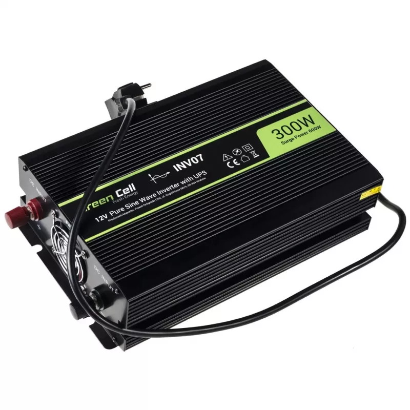 Jännitemuunnin Green Cell INV07, DC 12 V → AC 230 V, 300 W, 50 Hz, Type-C-pistoke, musta