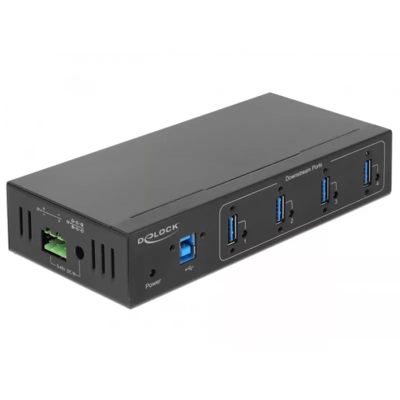 Delock 63309 ulkoinen teollisuus-USB-keskitin, 4 x USB 3.0 Type-A, 15 kV ESD-suojaus, metallikotelo, seinäasennettava