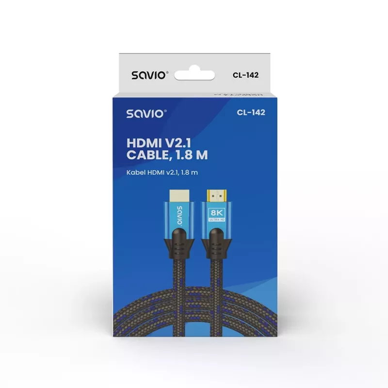 HDMI-kaapeli Savio CL-142 v2.1 1,8 m, HDMI Type-A uros–uros, kullatut liittimet, musta/sininen