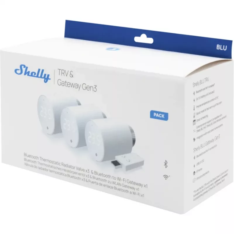 Shelly BLU TRV 3 kpl:n patteritermostaattipaketti BLU Gateway Gen3 -yhdyskäytävällä, valkoinen