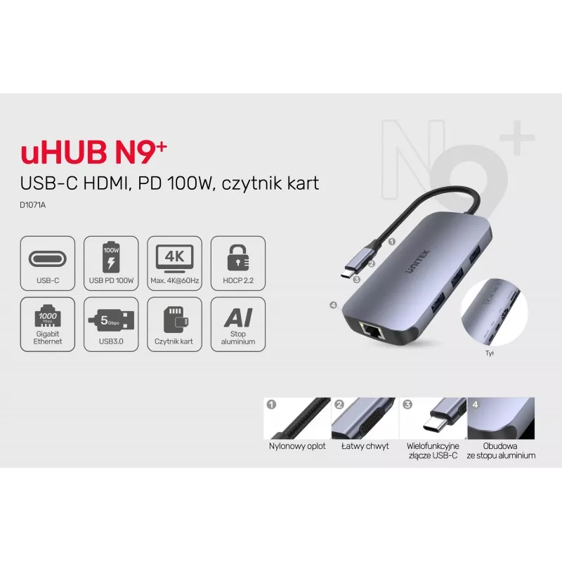 UNITEK D1071A USB-keskitin USB 3.0 SuperSpeed 5 Gb/s hopea