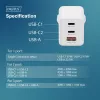 Seinä USB-laturi DIGITUS DA-10303 67W GaN, 2× USB-C + 1× USB-A, 100–240V, valkoinen