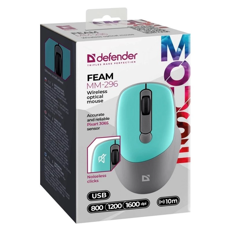 Defender Feam MM-296 52294 langaton hiiri, hiljainen napsautus, optinen, 1600 DPI, USB, minttu