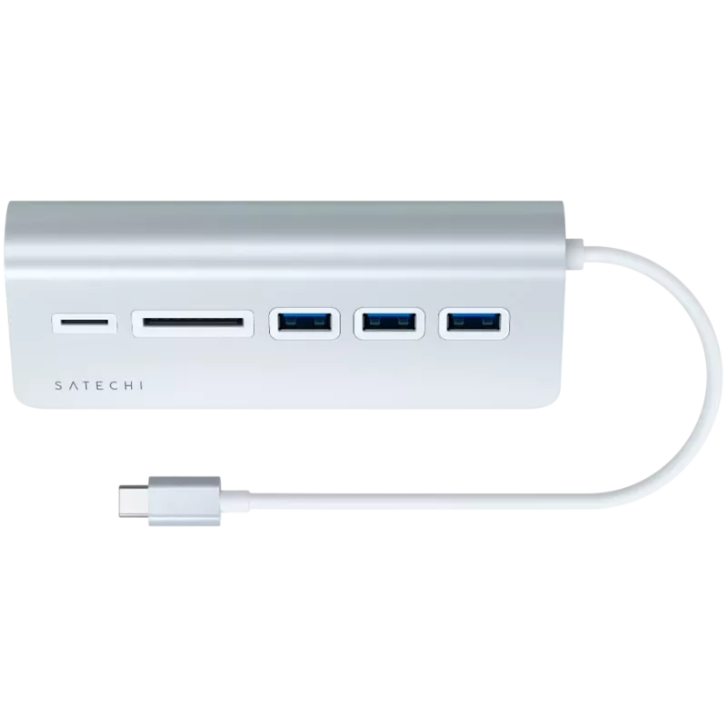 Satechi Type-C alumiininen USB-keskitin ja kortinlukija, hopea, ST-TCHCRS