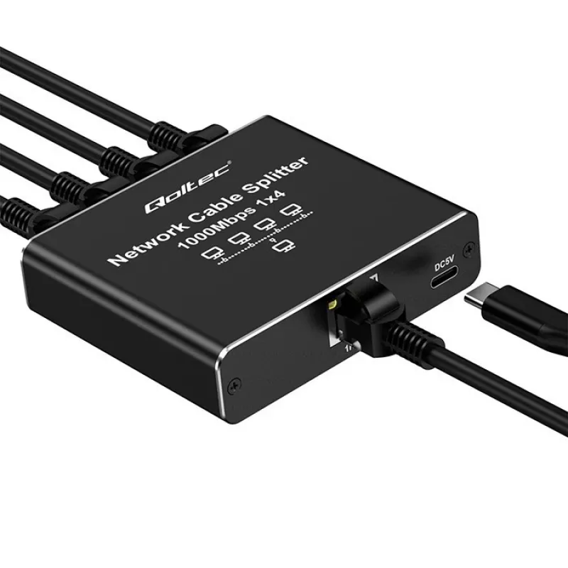 Ethernet-minikytkin QOLTEC 52293 1x4 RJ45, hallitsematon verkkohaaroitin 1-in 4-out