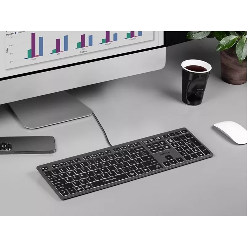 Johdollinen A4Tech-näppäimistö FX60H USB QWERTY – Full-Size 100 %, taustavalaistu valkoinen, harmaa, USB-keskitin