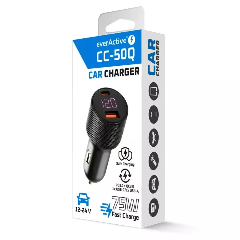 Autolaturi everActive CC-50Q QC3.0 75W Quick Charge 3.0 -tuella ja USB-liitännöillä