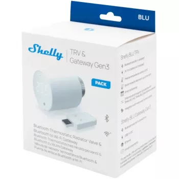Termostaattinen patteriventtiilisarja Shelly Heating Control BLU TRV + BLU Gateway Gen. 3 — M30×1,5, Wi‑Fi, AA-paristot, 78 mm korkeus