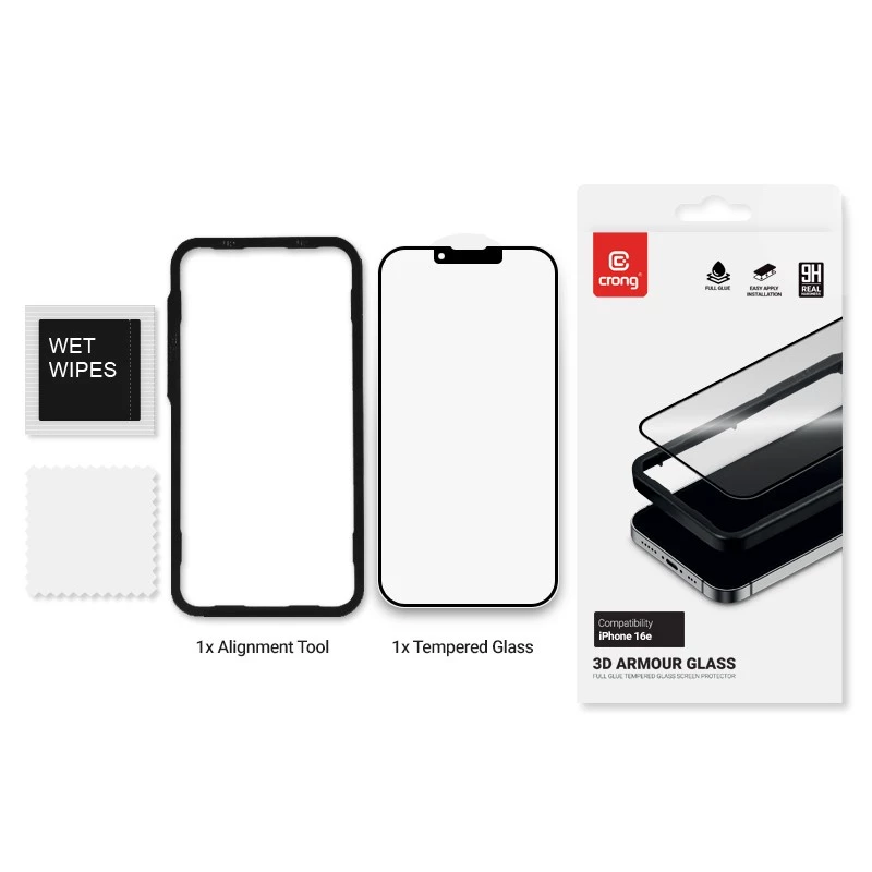 Karkaistu lasi näytönsuoja Crong iPhone 16e / 14 / 13 / 13 Pro — 3D-täyspeitto
