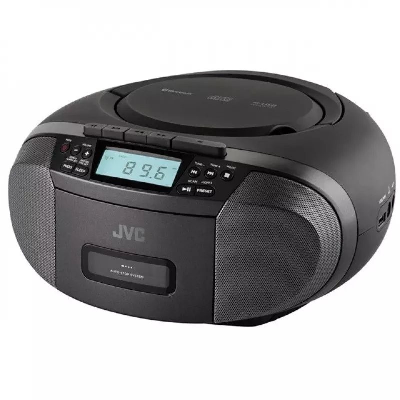 Radio-soitin JVC RC-E444B musta CD-soittimella ja FM-virittimellä