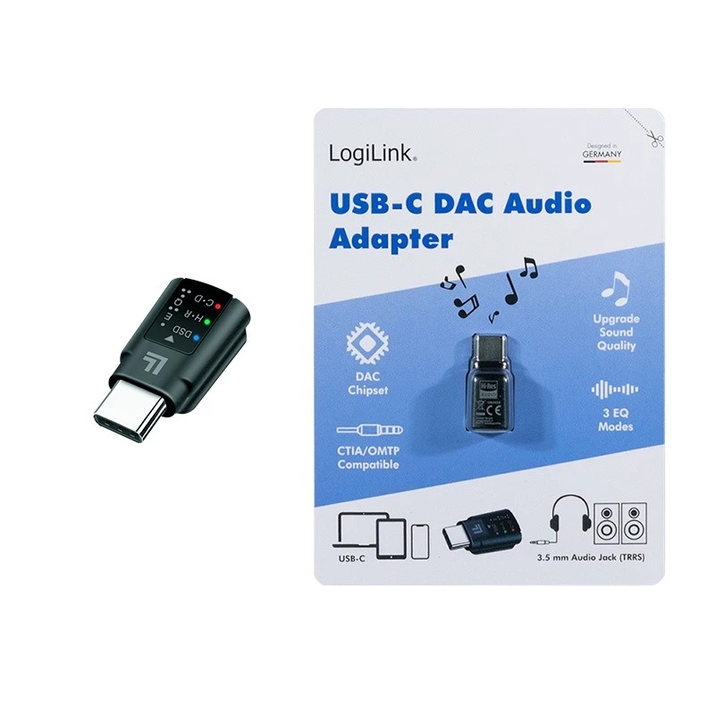 LogiLink USB-C DAC -äänisovitin. USB-C/M - 3.5 Mm/F. musta