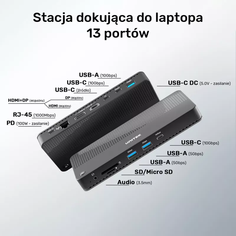 Telakointiasema UNITEK D1079A USB4 johdollinen musta 100W Power Delivery