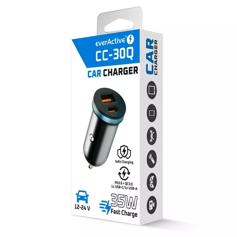 Autolaturi everActive CC-30Q QC3.0 35W – 1x USB-A, 1x USB-C, pikalataus