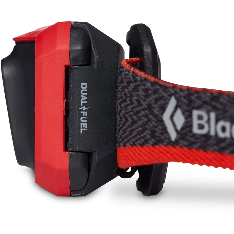 Black Diamond Storm 450 otsalamppu, jossa musta ja punainen otsapanta