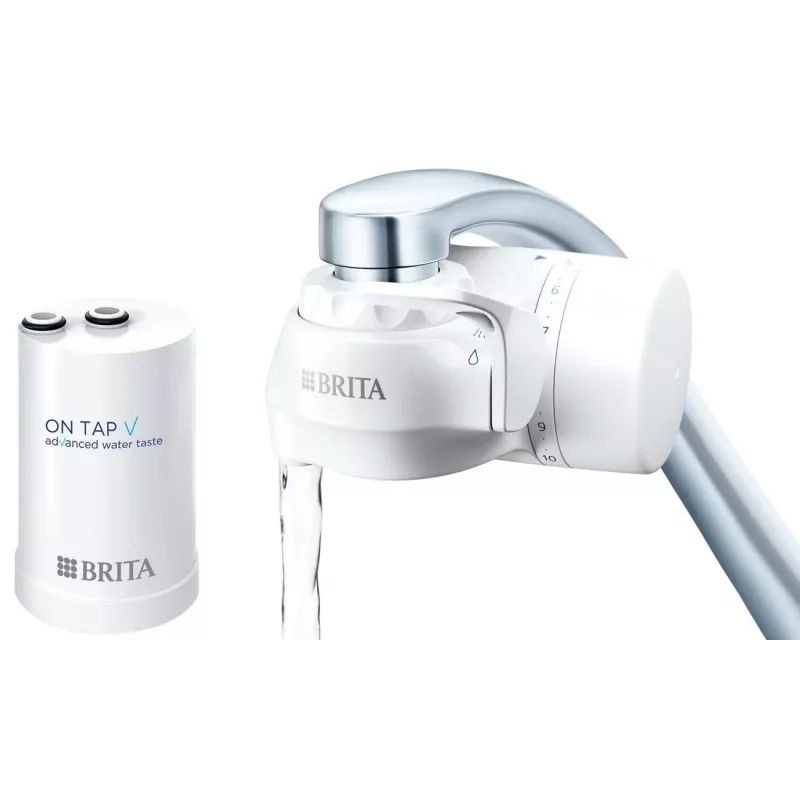 Vesihanasuodatin BRITA ON TAP V CU CE2 (1052067) — 4-vaiheinen, 600 L kapasiteetti, 3 tilaa, 5 sovitinta, valkoinen