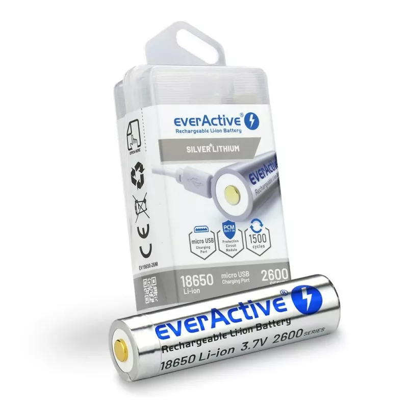 Akku everActive 18650 3.7V Li-ion 2600mAh micro USB suojauksella BOX