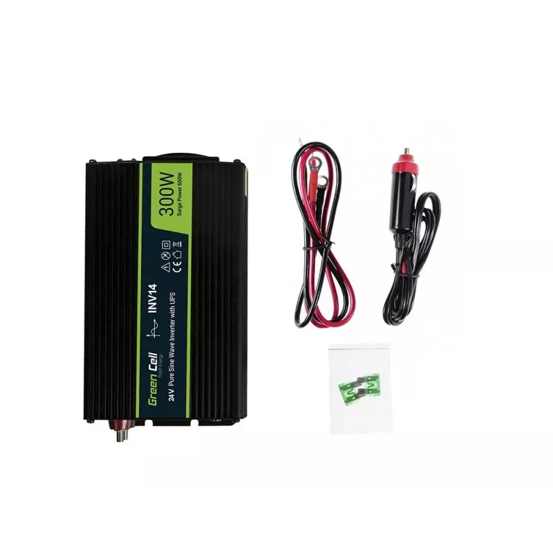 Vaihtosuuntaaja Green Cell INV14 300W DC 24V 230V USB, Type-E pistorasia, aktiivinen jäähdytys