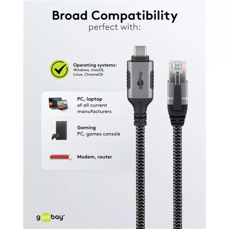 Goobay 70752 USB-C 3.1 – RJ45 Ethernet-kaapeli, Cat6 F/UTP, 5 m, musta/hopea