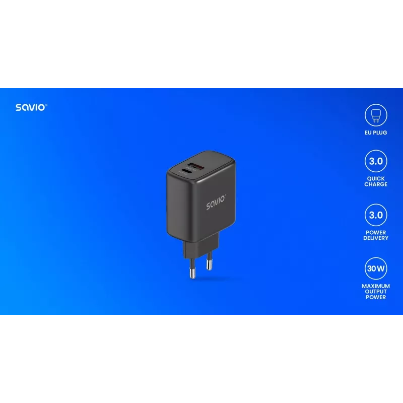 SAVIO LA-06/B 30 W seinälaturi, USB-A + USB-C, Quick Charge, Power Delivery 3.0, musta