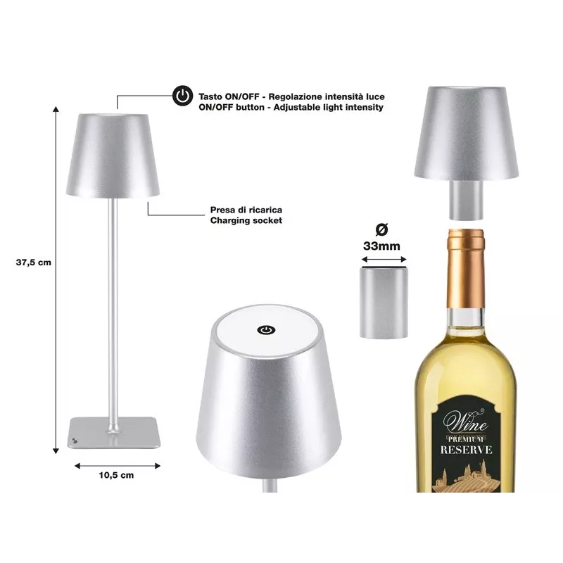 Beper P201UTP117 ladattava LED-pöytävalaisin, 1,5 W, kosketuskytkin, himmennettävä, 33 mm pullosovitin, vedenkestävä, hopea
