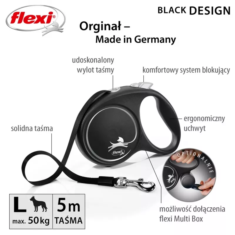 Flexi Black Design L 5 m koiranhihna rullamekanismilla